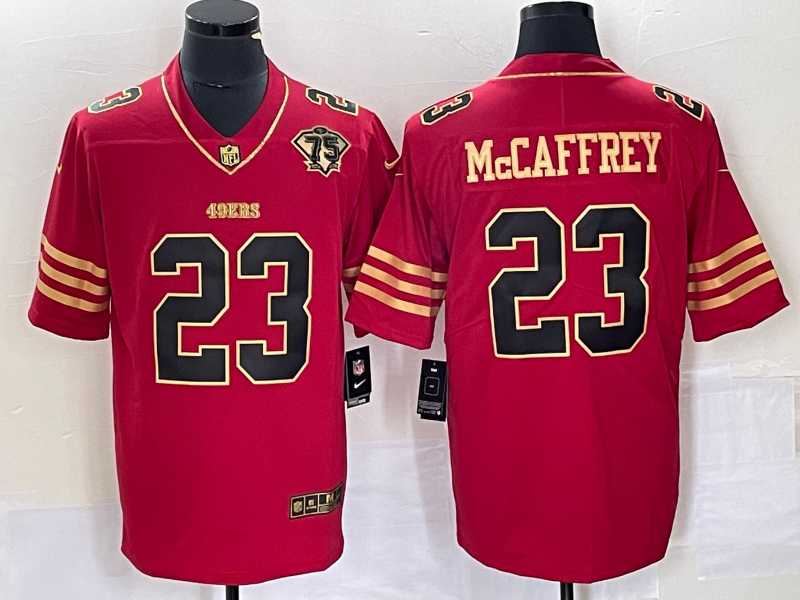 Mens San Francisco 49ers #23 Christian McCaffrey Red 75th Patch Golden Edition Stitched Nike Limited Jersey Dzhi